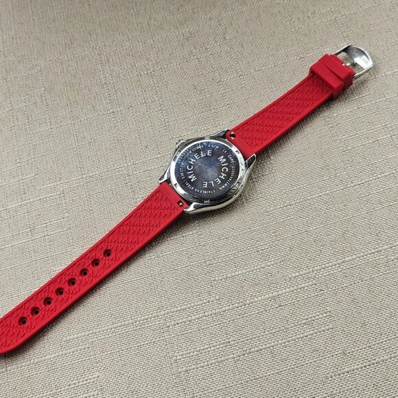 Michele Ladies Wristwatch Red Rubber Strap Analog Quartz 11 GEM Stones Watch - Picture 10 of 12
